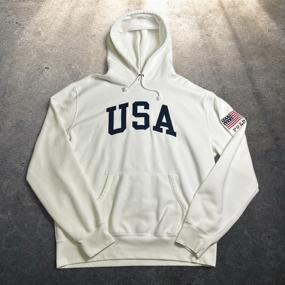 Polo Ralph Lauren Other - Polo Ralph Lauren USA Flag Hoodie White Cream Navy Blue Retro Size XL